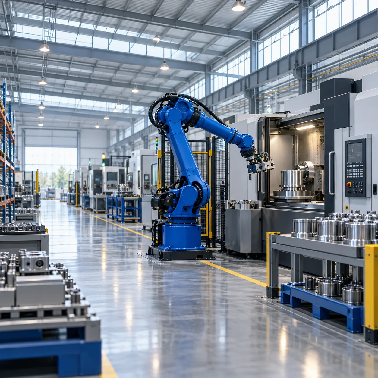Blue industrial robot and precision CNC equipment in a bright, modern manufacturing facility